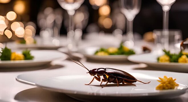 Cockroach on a plate in a restaurant.