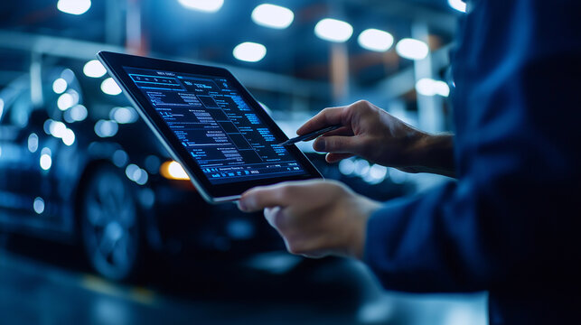 Service station worker using a digital tablet to check service schedules in a high-tech, modern auto repair shop