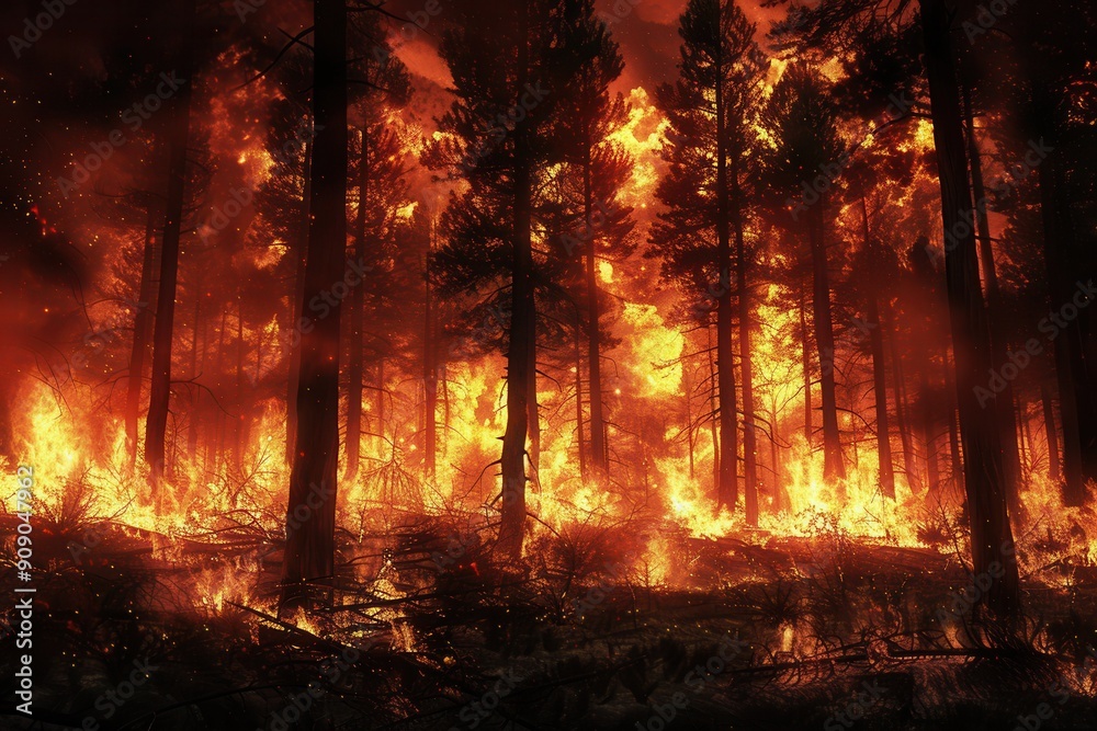 Poster Bright flames consume trees in a forest, sending up dense smoke and ash into the sky while the landscape is transformed by the devastating fire. Generative AI
