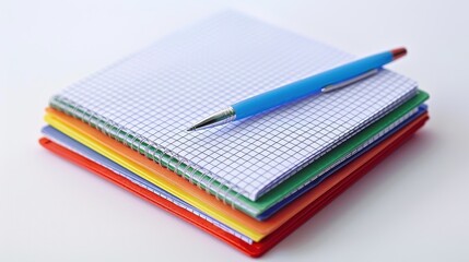 Organized stacks of graph paper notebooks with a pen isolated on white background.