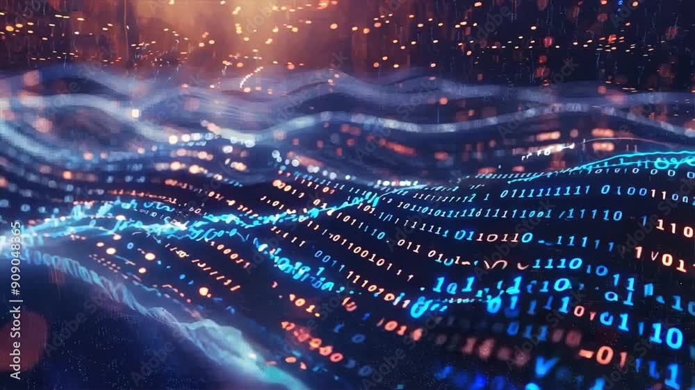 Poster abstract waves of binary code flowing through a dark, futuristic background