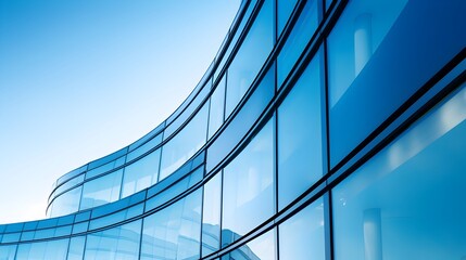 Fototapeta premium Curved Glass Architectural Facades with Geometric Patterns Against Vibrant Blue Sky and Cinematic Lighting