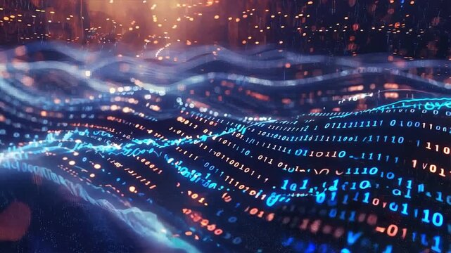 Abstract waves of binary code flowing through a dark, futuristic background