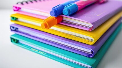 Fototapeta premium Organized Workspace - Stack of Colorful Notebooks and Markers on White Desk Background