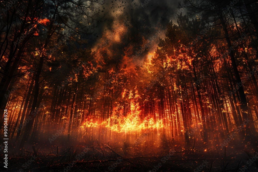 Poster bright flames engulf a forest, destroying trees as smoke and ash fill the air, creating an ominous a
