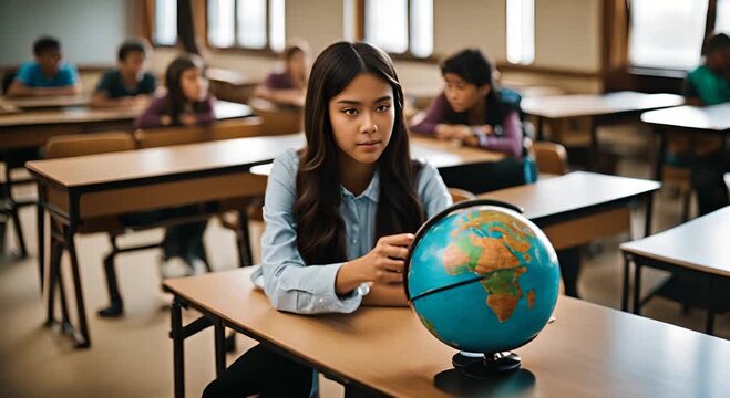 Student with a globe in class.