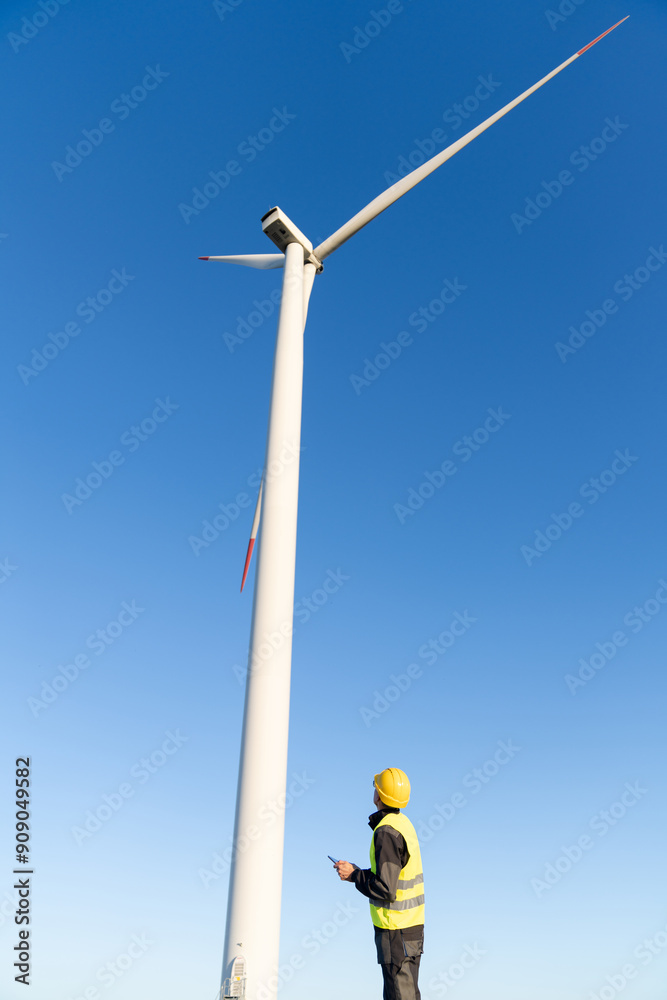 Aufkleber engineer with digital tablet controls wind turbines