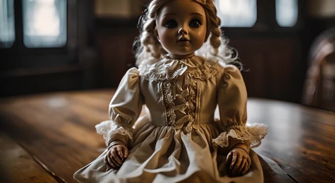 Evil doll in a haunted house.