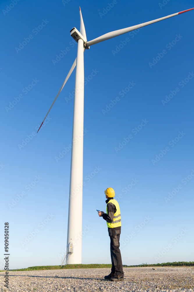 Aufkleber engineer with digital tablet controls wind turbines