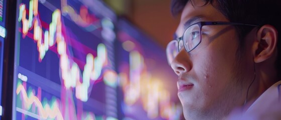 Focused businessman analyzing financial data on computer screens with charts and graphs in an office setting.