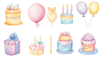 A watercolor set featuring birthday celebration elements like cakes, balloons, gifts, and candles, ideal for festive party designs.
