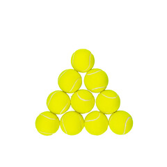 Tennis composition with isolated yellow tennis balls in triangle form on transparent background for...