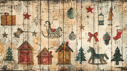 Obraz premium vintage christmas decor, grunge christmas doodle with retro holiday icons on distressed wood panel gingerbread houses, rocking horses, snow globes