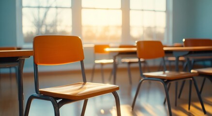 An empty school classroom with desks and chairs arranged neatly