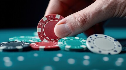 A close-up image of a hand picking up a red poker chip from a pile on a green felt table in a casino setting.