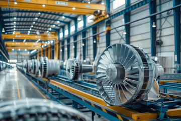 Naklejka premium Large turbines waiting on the assembly line of a modern industrial factory specialized in manufacturing renewable energy equipment