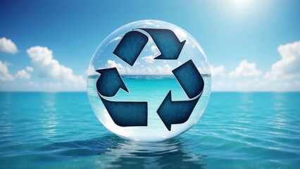 Naklejka premium A recycle symbol encased in a transparent sphere floating on the ocean