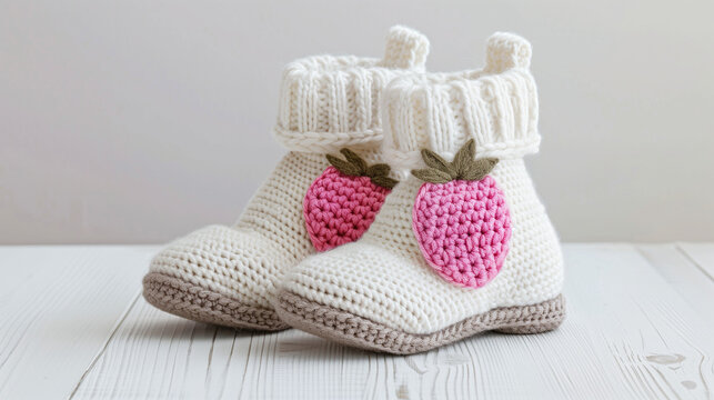 Crochet white boots with pink strawberry applique on a white wooden table.