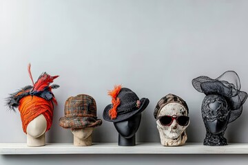 A collection of unique hats displayed creatively on a shelf, showcasing diverse styles and artistic designs. - Powered by Adobe