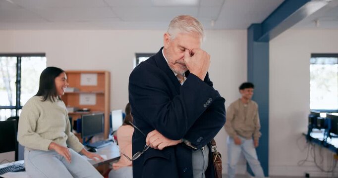 Teacher, frustrated and stress for misbehaving students, discipline and rebel teenager in classroom. Principal, angry and headache for naughty people, disaster or crisis in school with adhd behavior