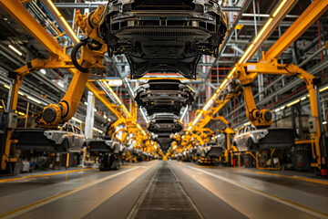 Fototapeta premium Robotic arms moving car bodies on assembly line in a modern car factory, concept of automated production process