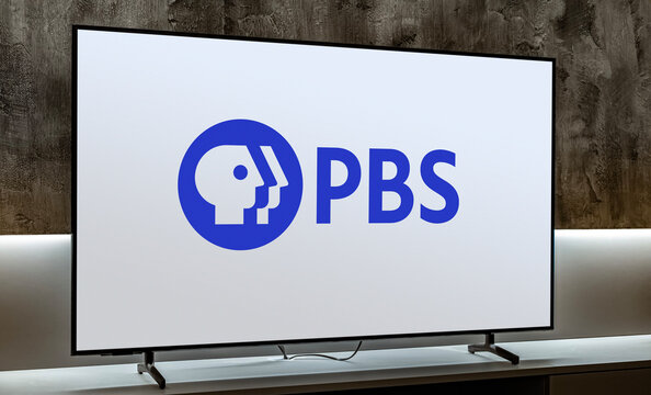 Flat-screen TV set displaying logo of PBS