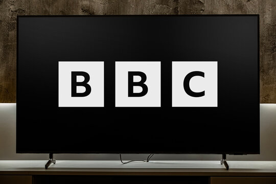 Flat-screen TV set displaying logo of BBC