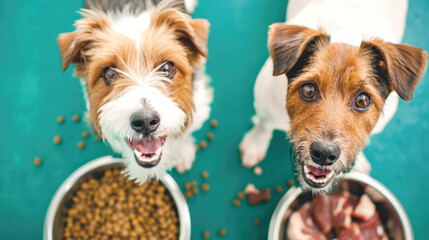 Two cheerful dogs, one with a bowl of kibble dry dog food and the other with a bowl of raw meat, highlighting the contrast between traditional pet food and the BARF diet trend.