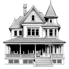 Victorian mansion with steep roof, gables, and large porch, vector illustration art