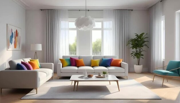 Animation of modern style white living and dining room3d render The room has a parquet floor decorated with light gray fabric furniture and translucent white curtains, natural light into the room.