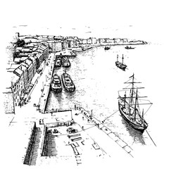 Obraz premium Sketch of a historical port city with ships at piers and waterfront warehouses, vector illustration art