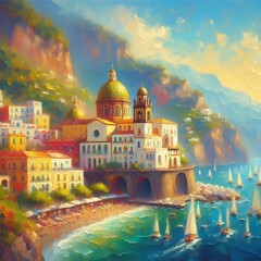 ilustración de estilo modernista de una villa mediterránea acariciada por l sol del atardecer
