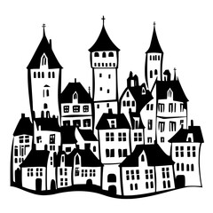 Fototapeta premium Image of a medieval European city with tall spires, castle walls, and clustered homes, vector illustration art