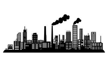 Industrial city skyline with factories, warehouses, and smokestacks, vector illustration art