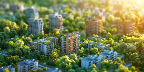 Obraz premium Aerial perspective of residential buildings in an urban area surrounded by abundant green trees and sunlight.