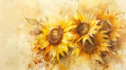 Beautiful close-up of sunflowers rendered in warm hues of watercolor, blending rich golden yellows and earthy tones, evoking a sense of warmth and natural beauty.