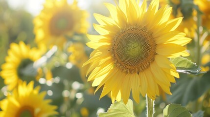 Obraz premium The image depicts a vibrant sunflower under sunlight in a field with other sunflowers in the background, bright and cheerful atmosphere of nature.