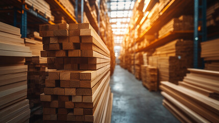 Stacks of wooden planks neatly arranged in a sunlit warehouse, showcasing their rich textures and colors. The sunlight streaming through the windows adds warmth and highlights the natural beauty of th