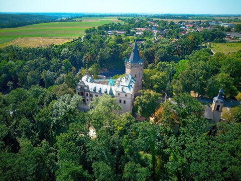 Aerial view of Str&aacute;nov castle in the Central Bohemian Region. The original Middle Ages castle was reconstructed by Joseph Schulz to the neo-Renaissance look.