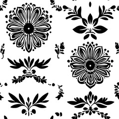Obraz premium Ornate flowers with elaborate petal details and stylized, traditional Mexican leaf motifs, seamless pattern vector