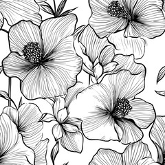 Fototapeta premium Ornamental blossoms with fluid lines and detailed botanical motifs, seamless pattern vector