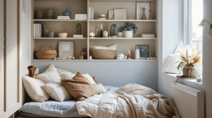a small and organised bedroom with shelves above the bed