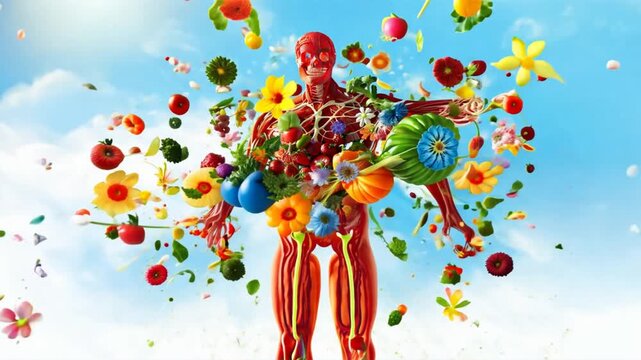 Fruits and vegetables vector background on the human body Show love for health care