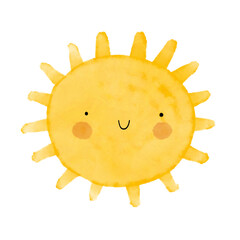 Cute Nursery Print with Smiling Sun. Happy Sun on a White Background. Hand Drawn Kawaii Style Cartoon ideal for Wall Art, Poster. Kids' Room Decoration.