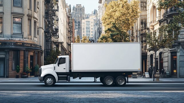 Empty blank white mockup on the small truck vehicle driving through the city street