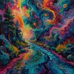 Naklejka premium Vibrant, impressionistic painting featuring a winding path through a forest. The layout is horizontal, with the path curving from the bottom center to the upper right. 