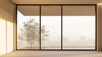 Fototapeta premium Minimalist interior design with a large window showcasing a serene outdoor landscape in shades of beige, brown, and green, evoking a sense of tranquility and peace. 