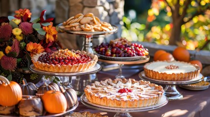 Harvest Delights - Festive Autumn Dessert Table with Delicious Pies, Tarts, and Cookies