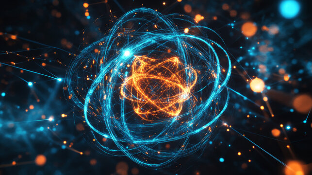 Cosmic Dance: A mesmerizing abstract visualization of an atom, its nucleus ablaze with fiery energy, surrounded by swirling orbits of vibrant blue energy. 