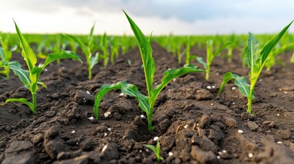 A field with visibly poor plant growth due to lack of soil nutrients